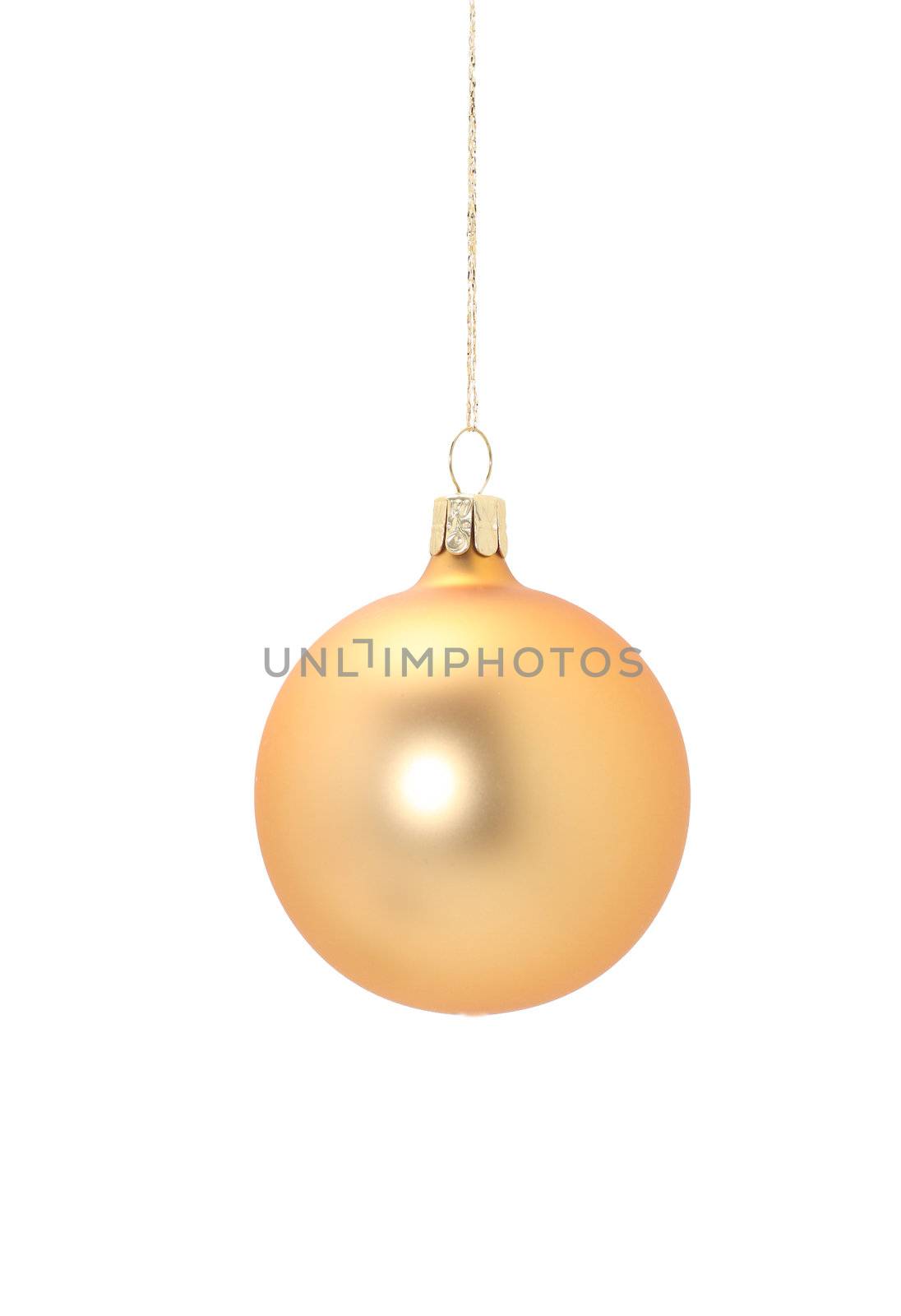 A gold christmas ball hanging from golden thread, shot in studio isolated on white. Perfect for your holiday designs or ads