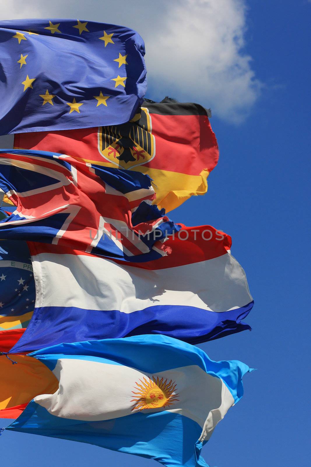 The national flags of France, UK and Germany along with the European Union flag and the Argentinian all flying together