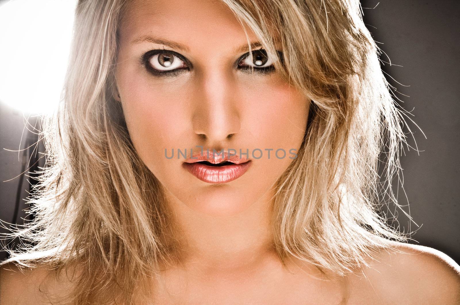 Front Side Closeup Portrait Of A Beautiful Blond Woman