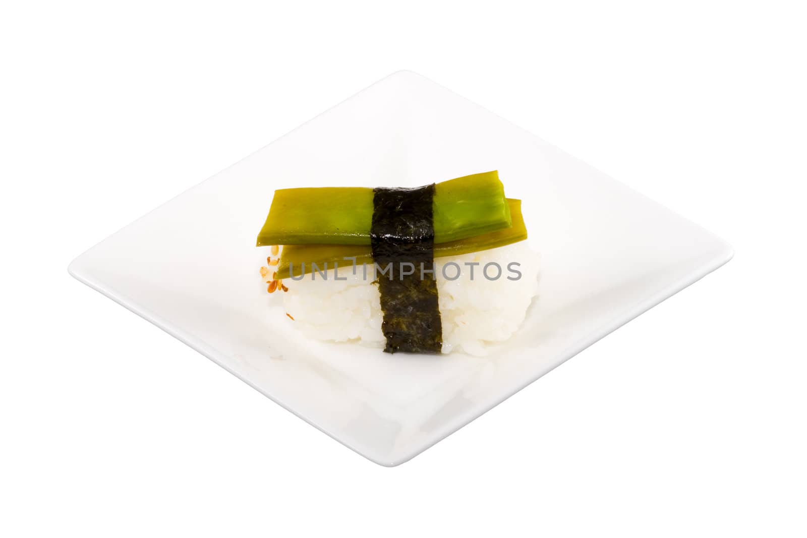 a square white plate with a piece of sushi