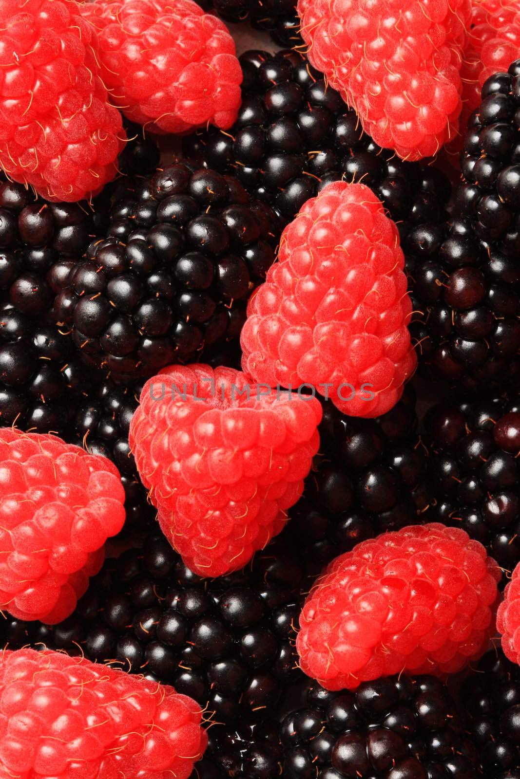 A pile of raspberries and blackberries in a bowl, shot in studio