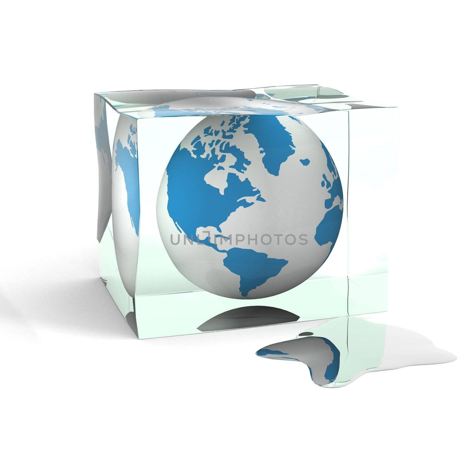 globe in a cube of an ice. 3D image