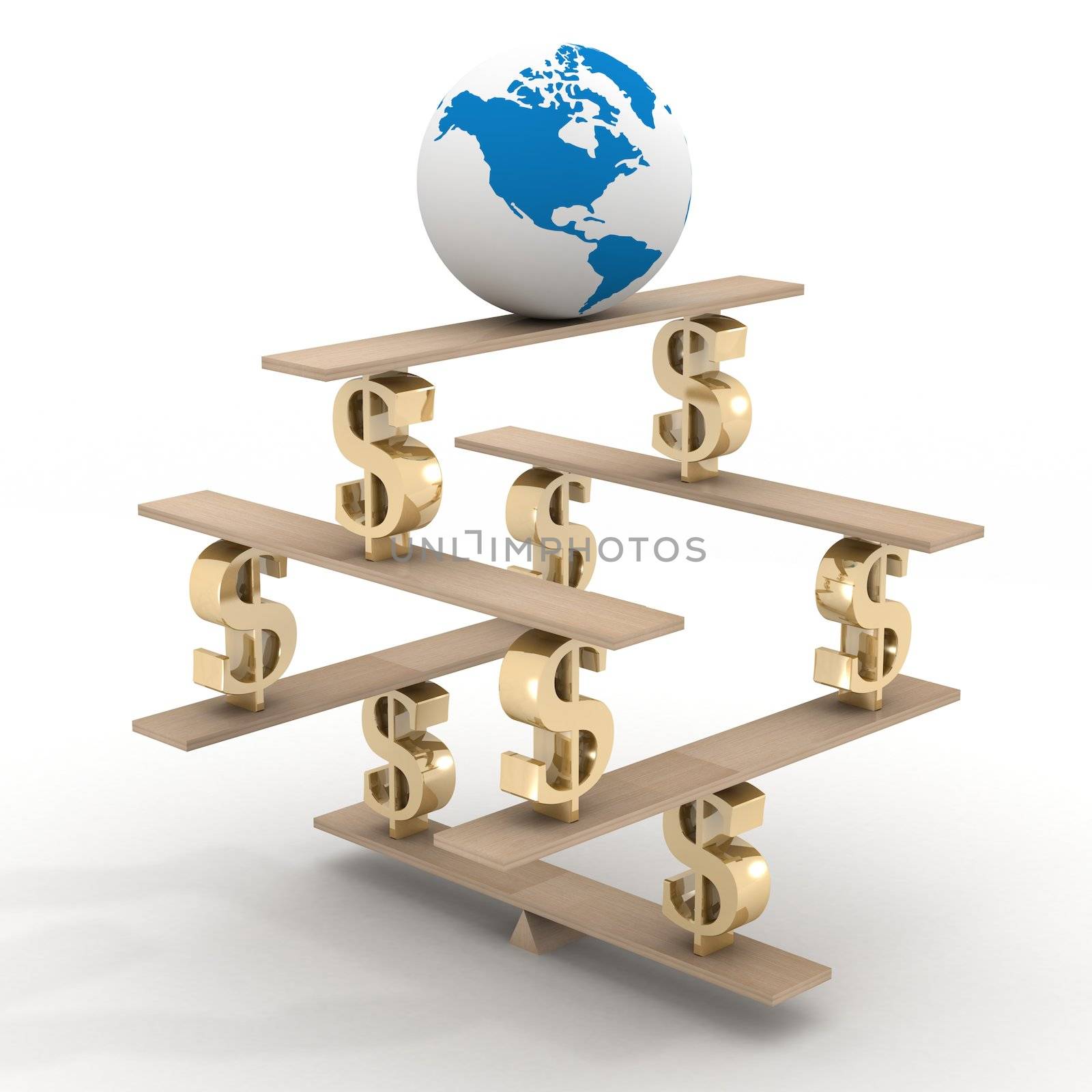 globe on a financial pyramid. 3D image.