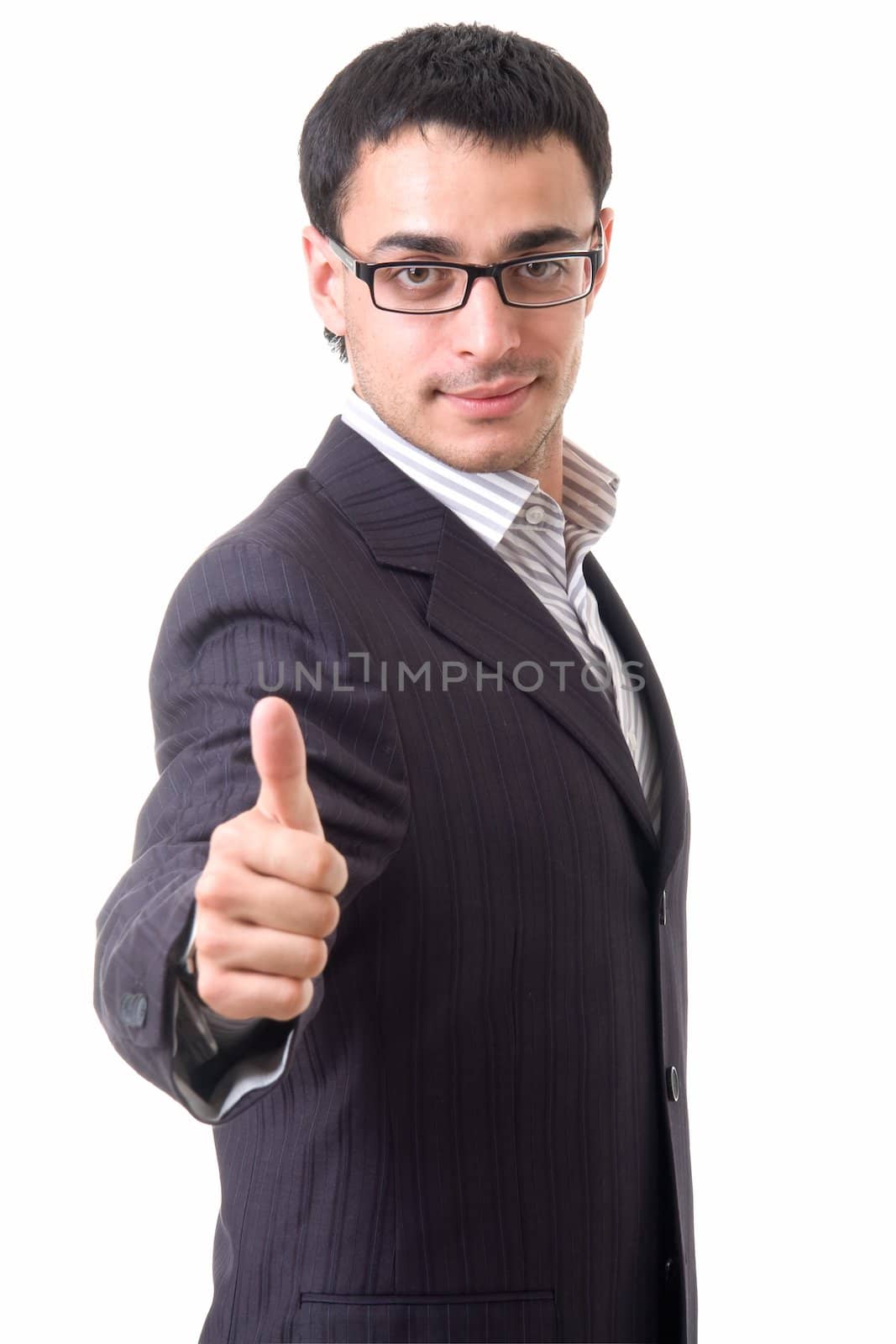 smiling businessman with thumbs up on a white background