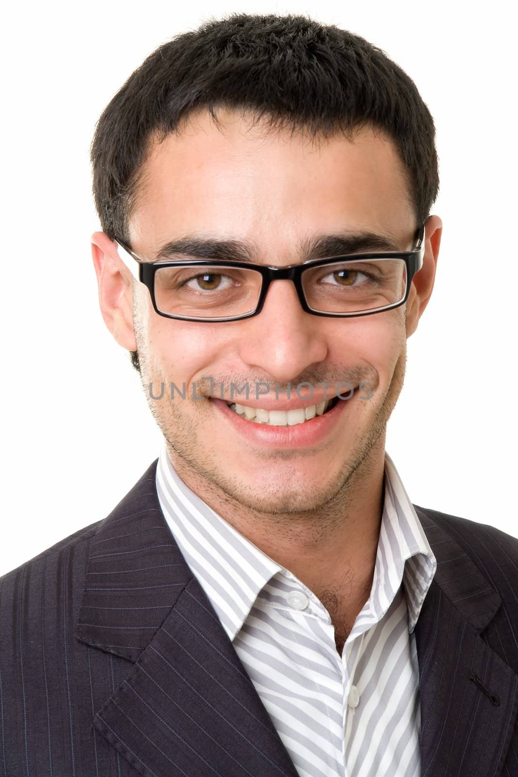 smiling man with glasses on a white background