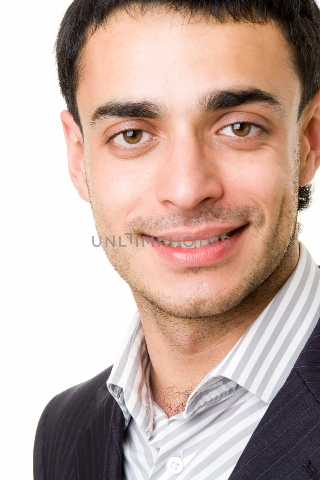 beautiful smiling man close up on a white background