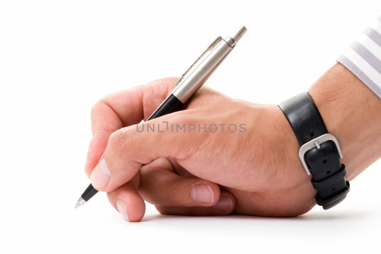 Beautiful man's hand with a pen on a white background.