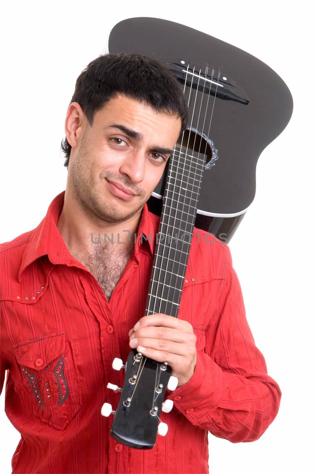 Guitarist. The man in a red shirt with a black guitar on a white background.