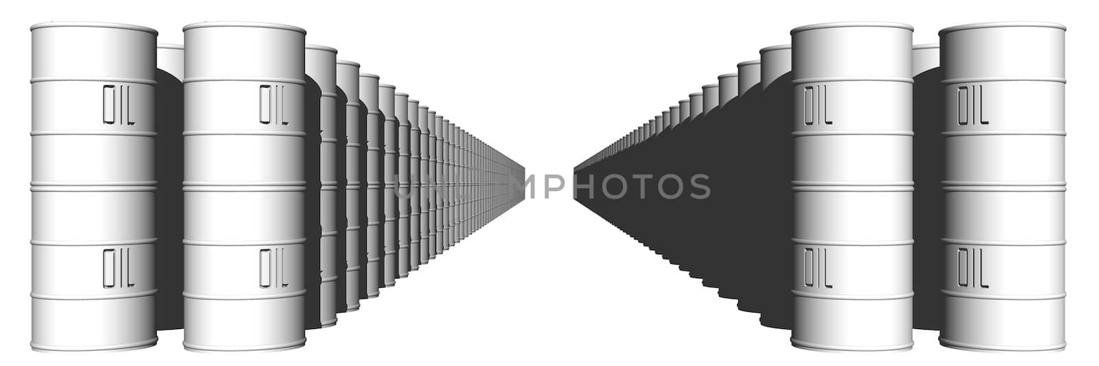 An illustration of rows of oil barrels.