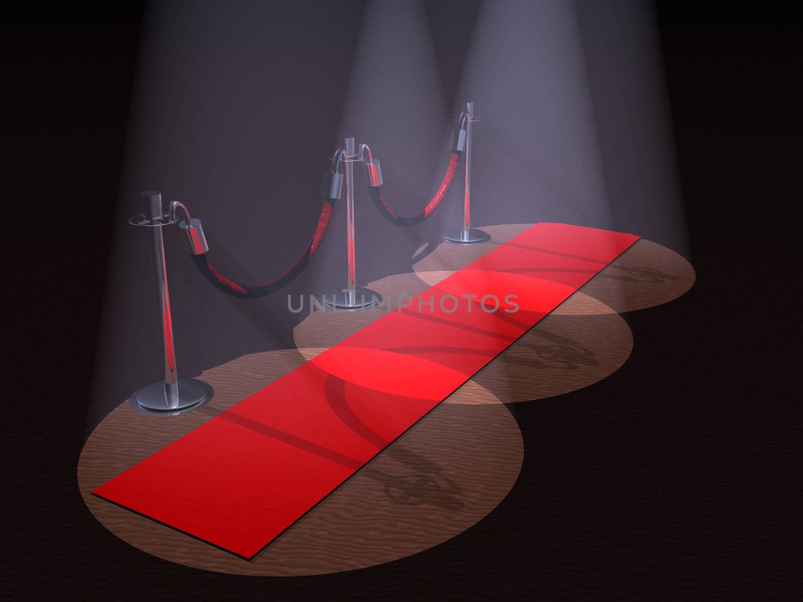 A red carpet with stanchions and spot lights.