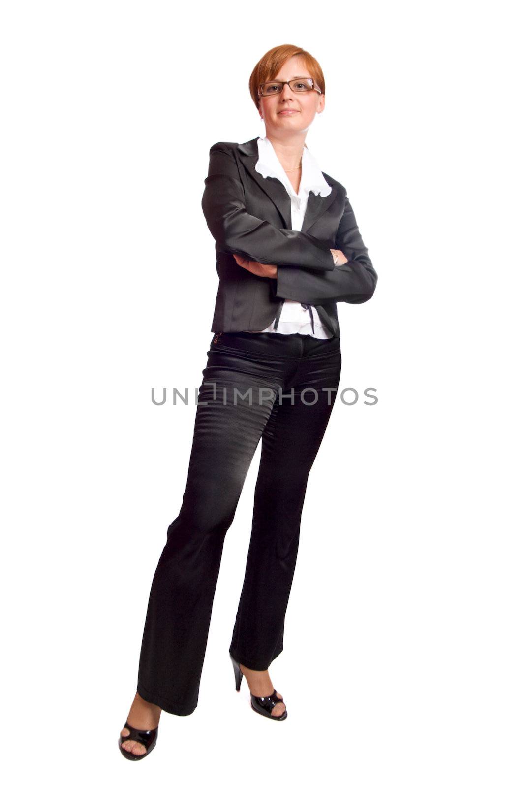 redhead Business woman wearing black suit isolated on white