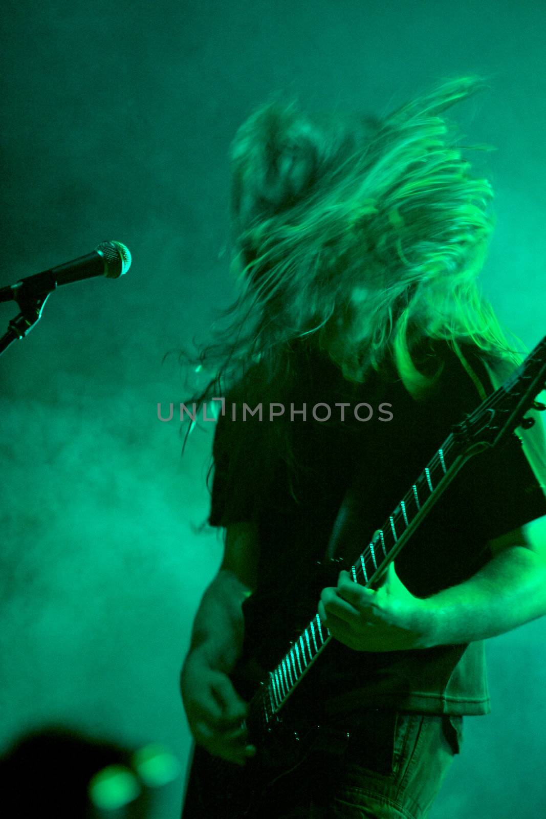 Death metal artist on stage singing, St. Petersburg, Russia, 27 june 2008 band called "Psilocybe Larvae" 