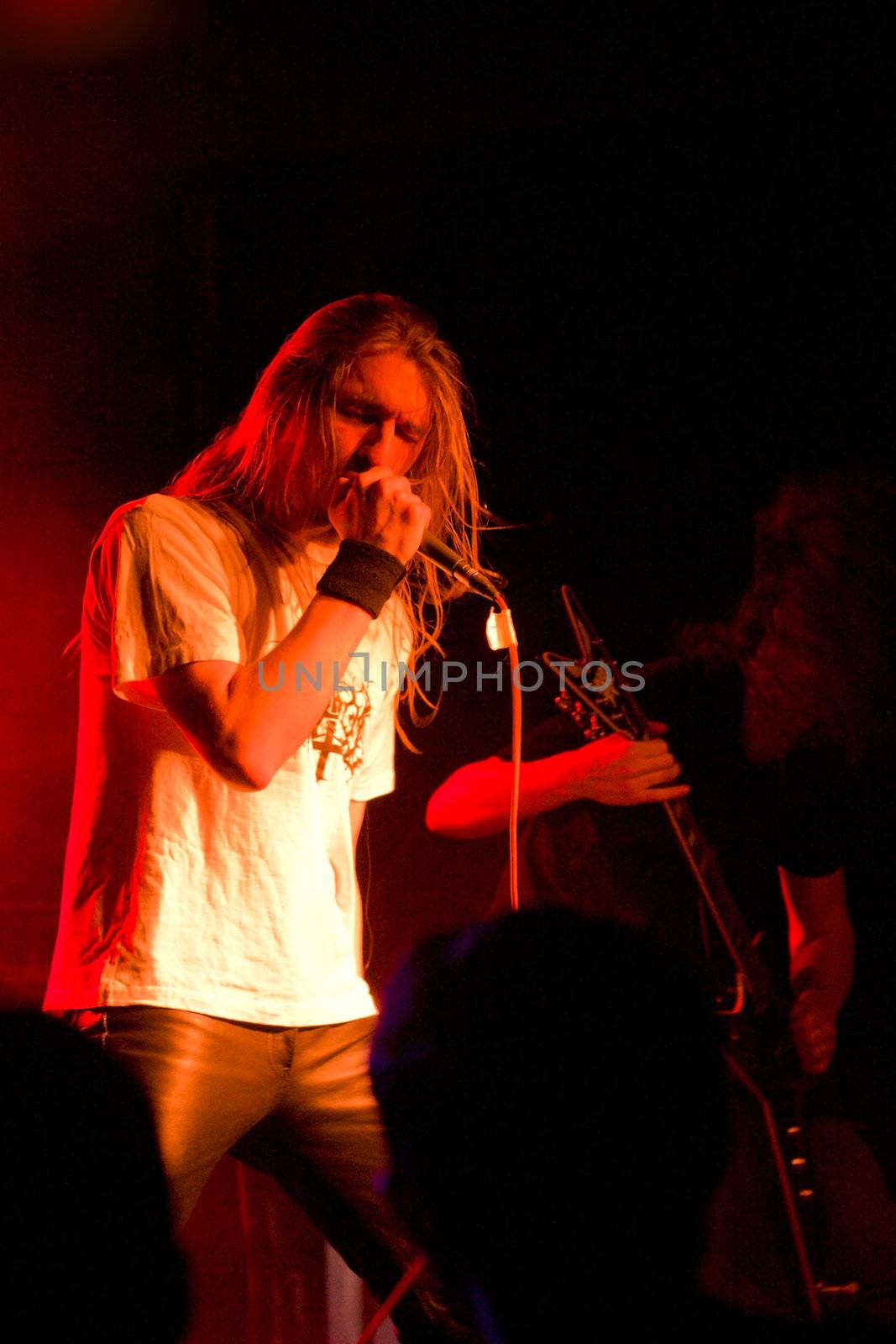 Death metal artist on stage singing, St. Petersburg, Russia, 28 june 2008, band called "Septory" 
