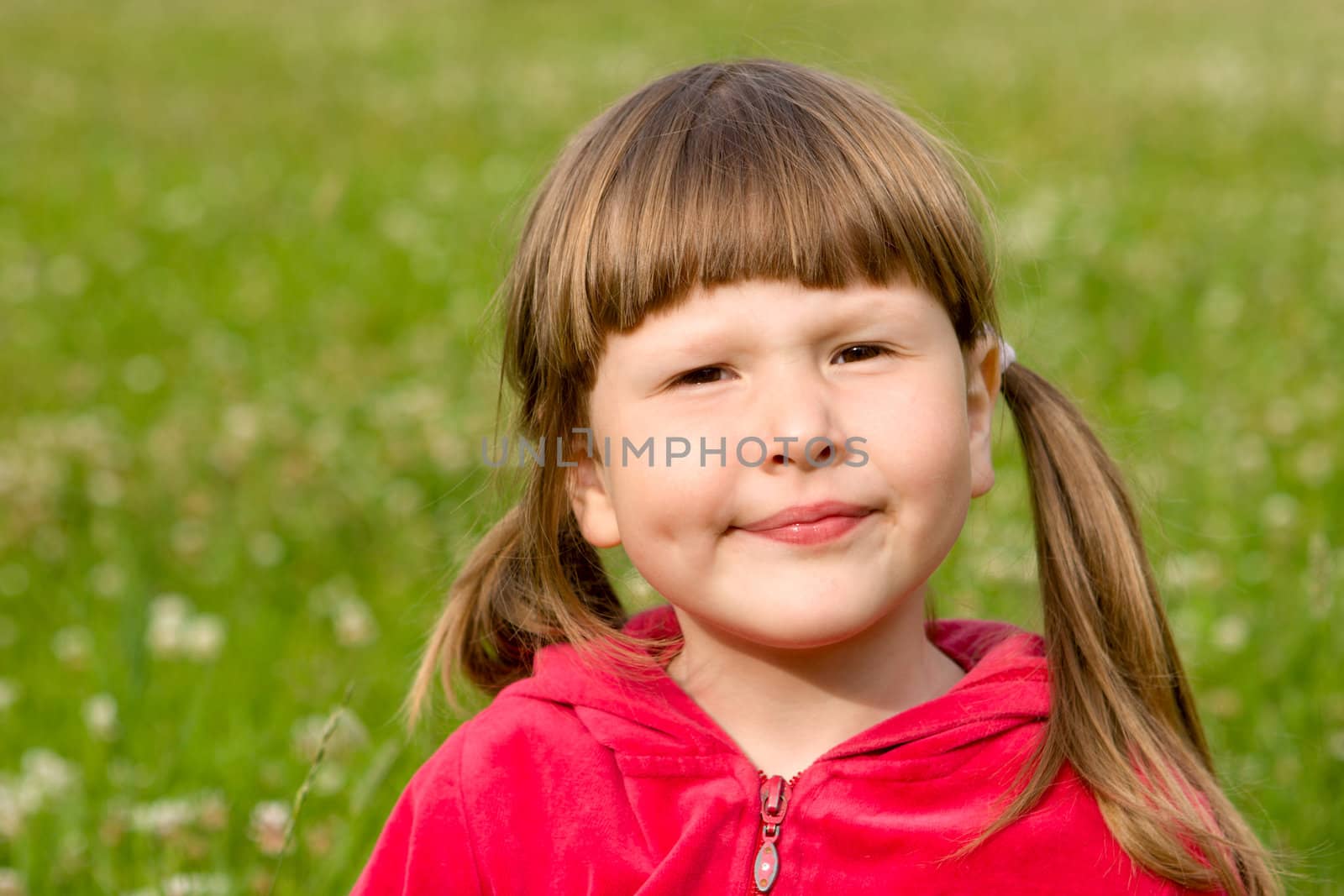 Little girl wearing red closes and ponytails looking at you with interest