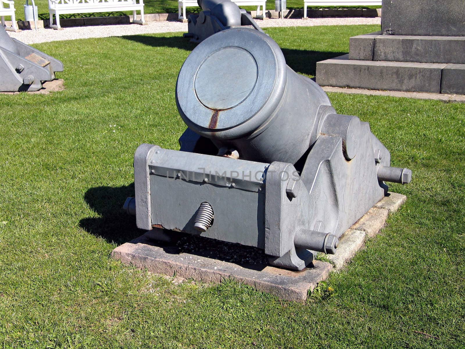 Old heavy Medieval cannon by the city walls of  Fredericia Denmark	
