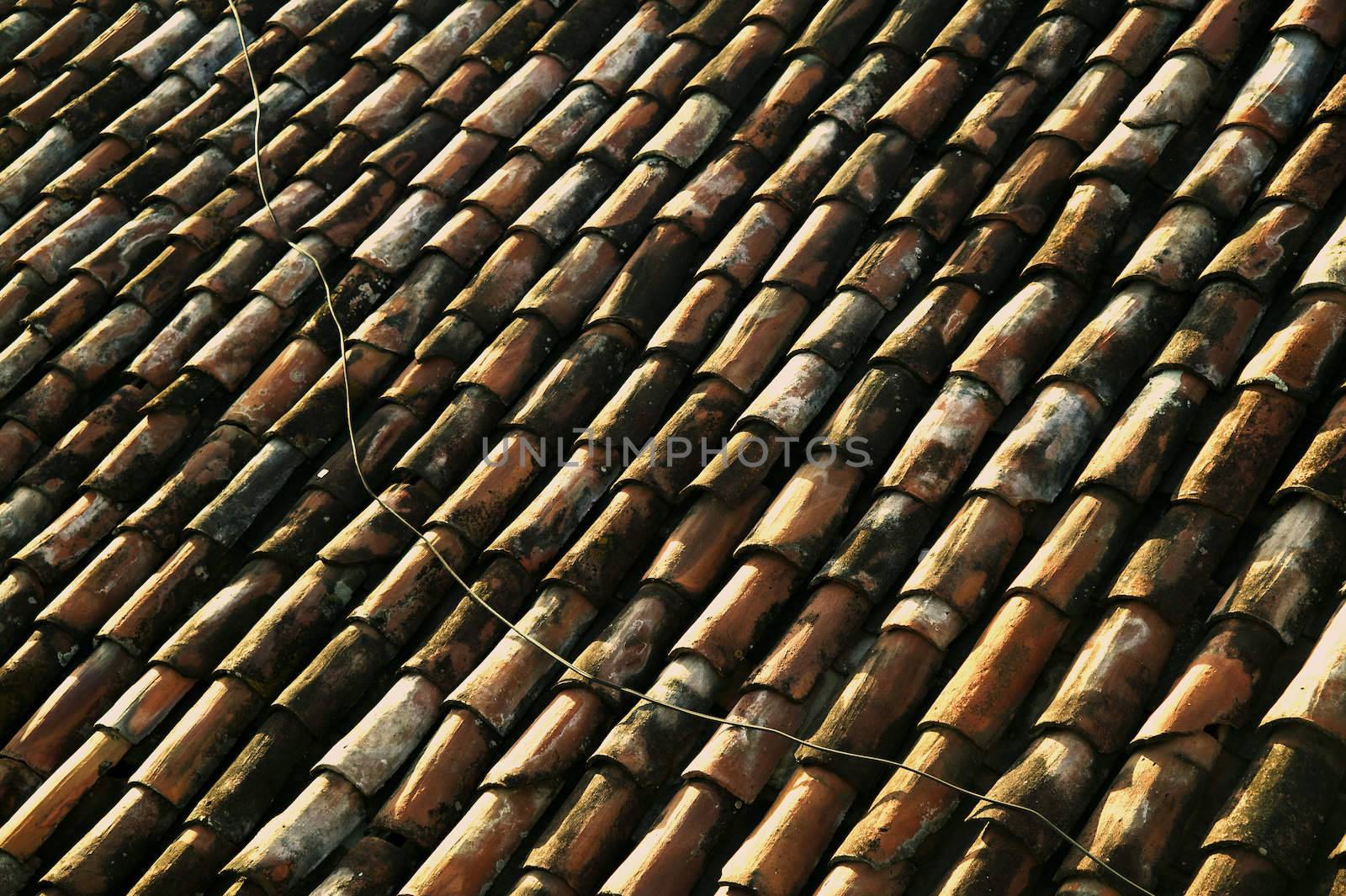 Red Tile Roof with Electrical Line Running Across it in Central America