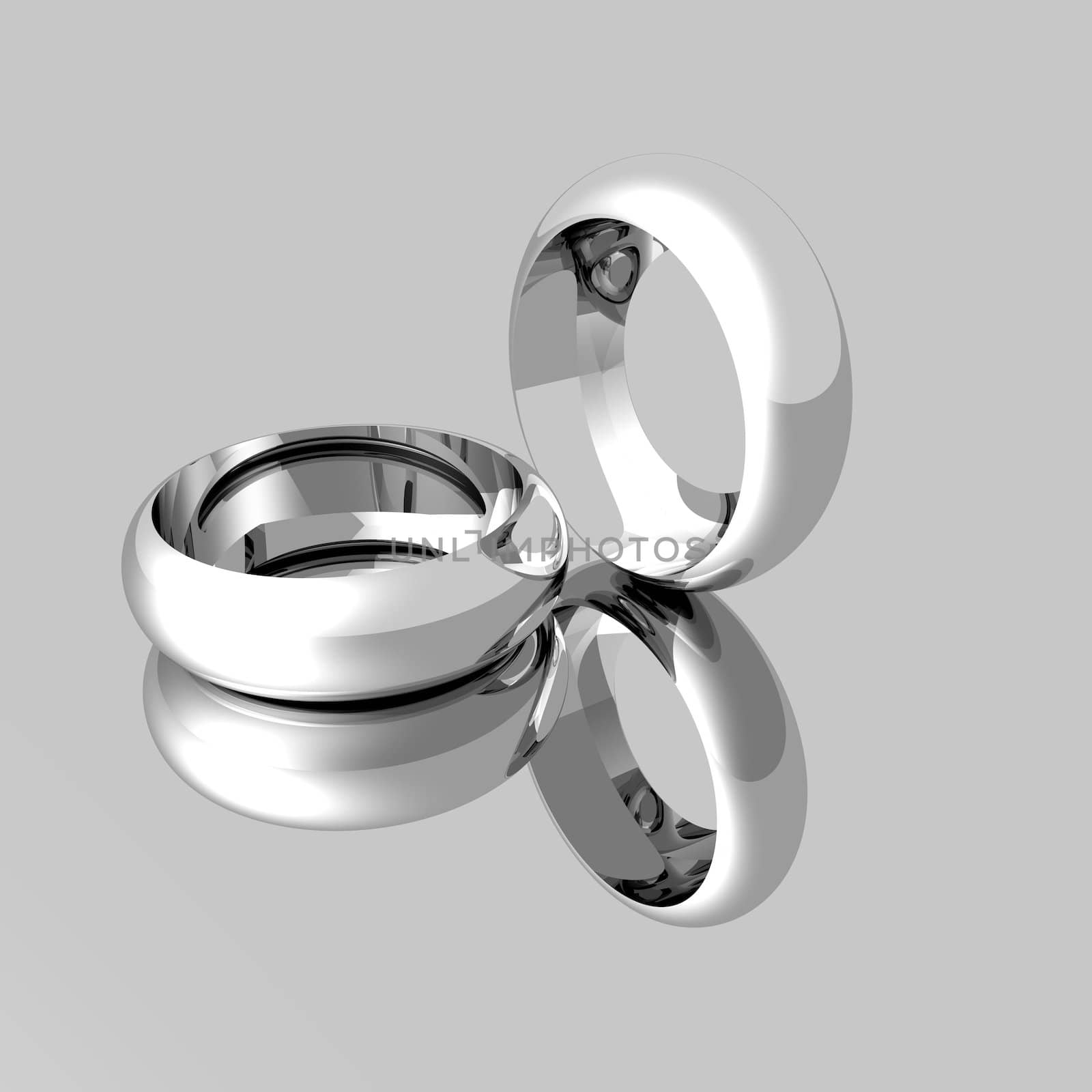 Computer model of Platinum wedding rings on a semi mirrored surface.