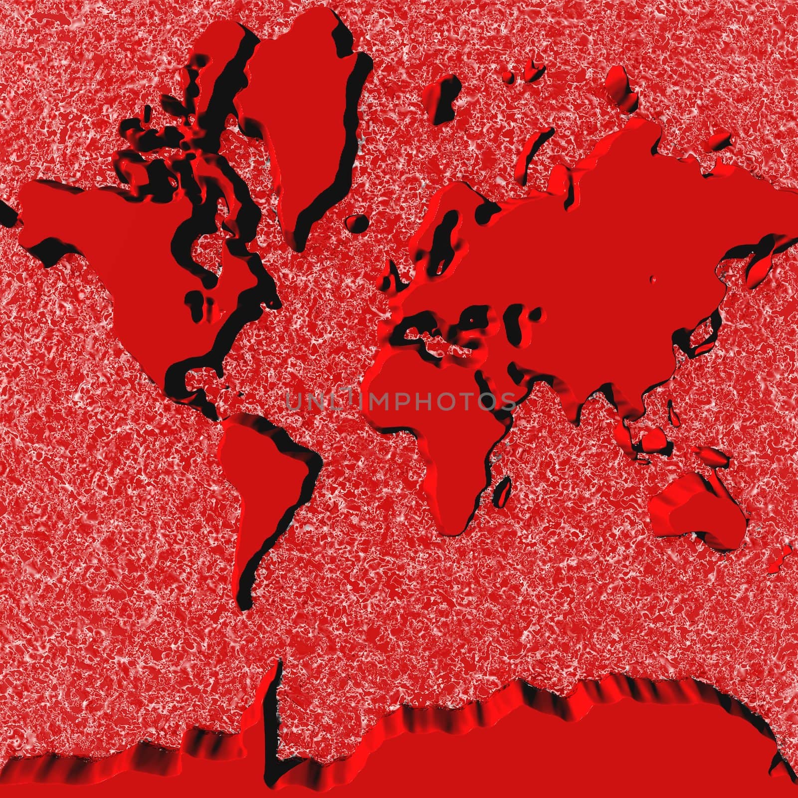 A Three-dimensional atlas of the earth with the land rising from a liquid background.