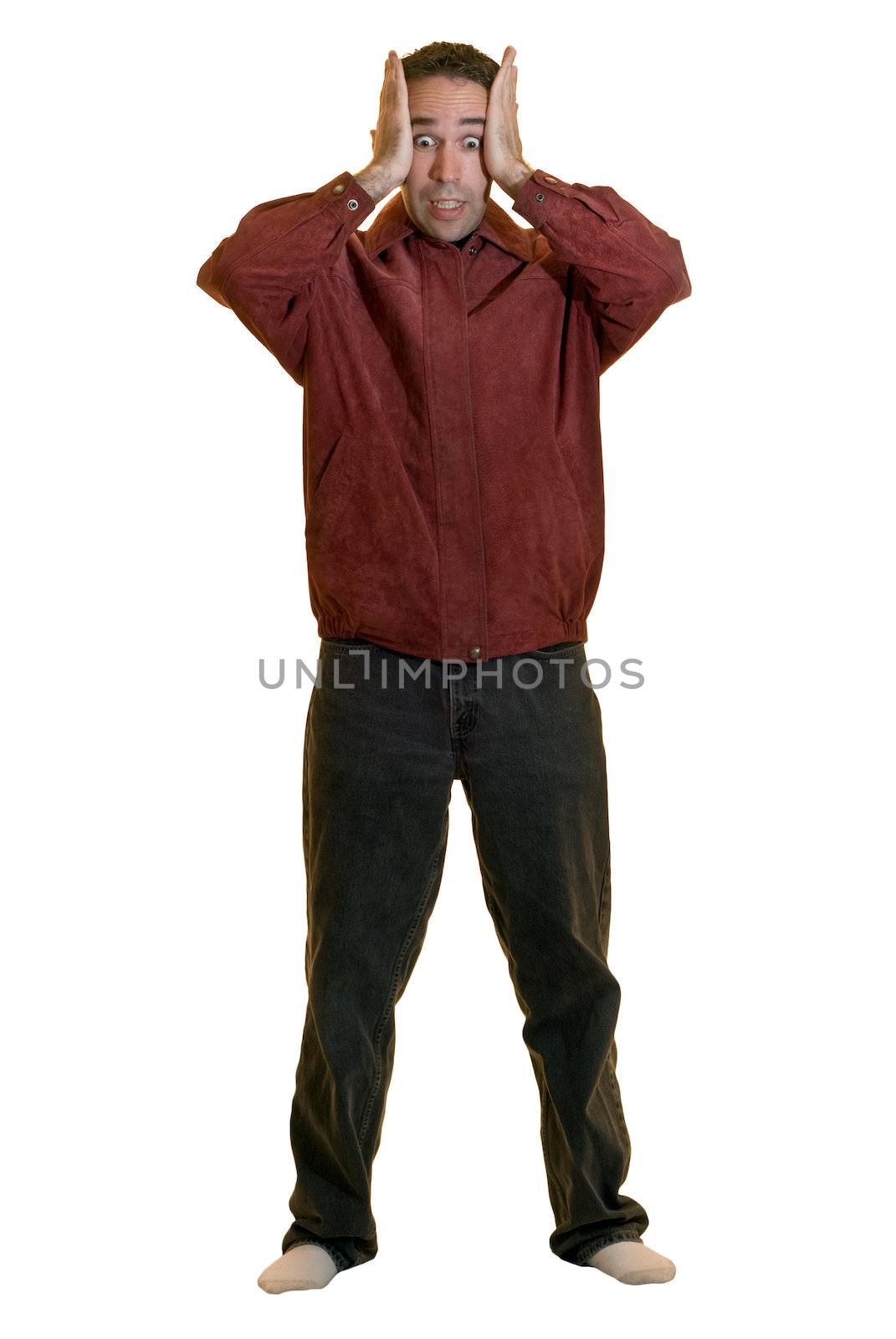 Full body view of a young man experiencing anxiety, isolated on a white background