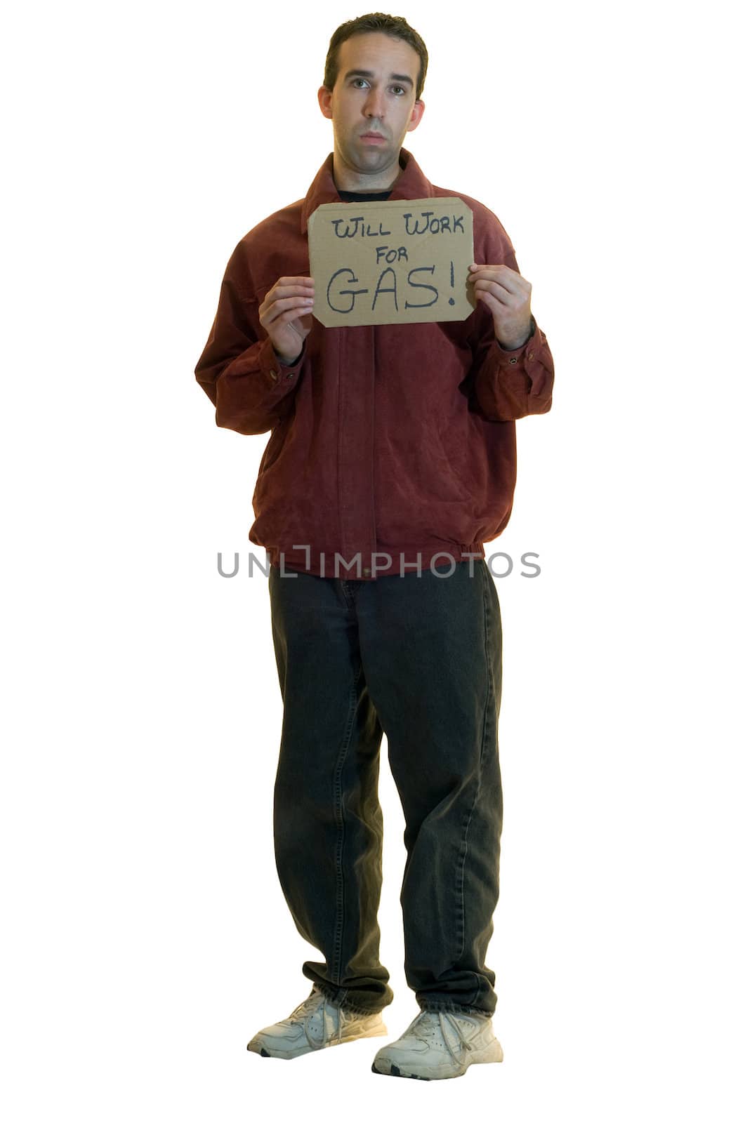 A jobless man holding a sign saying he will work for gas, isolated on a white background