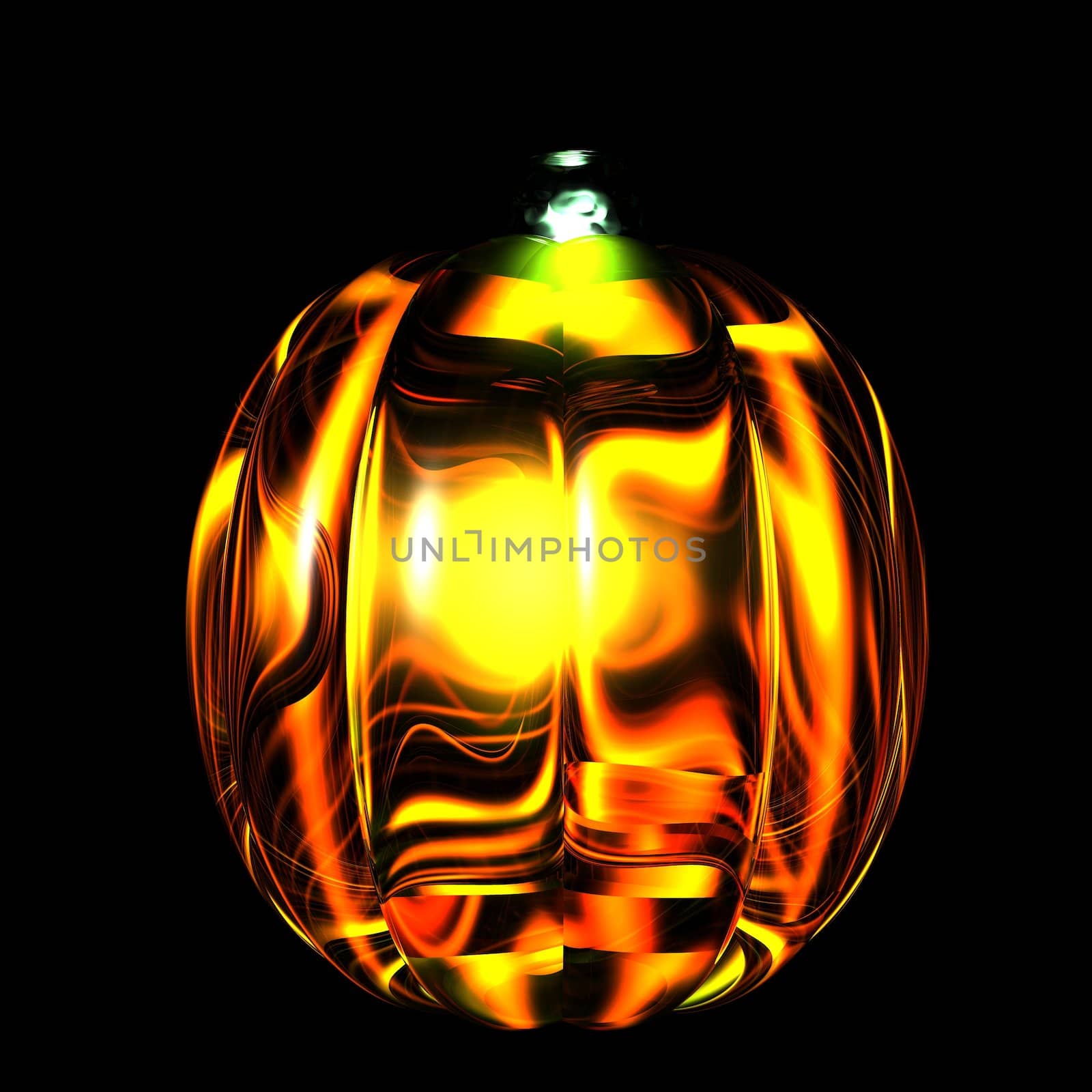 An illustration of a pumpkin made of glass lit up on a black background.