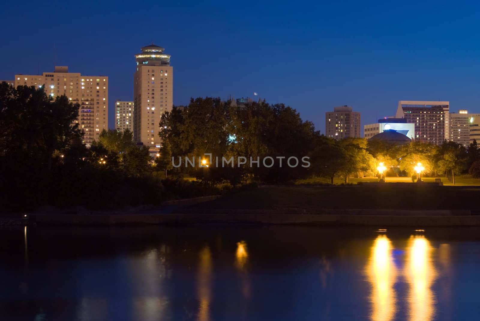 A view of a Winnipeg skyline from across a river at night