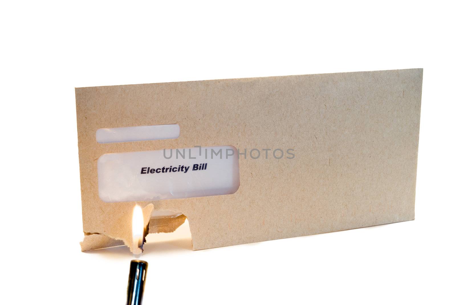 A lighter starting an electricity bill on fire, isolated on a white background