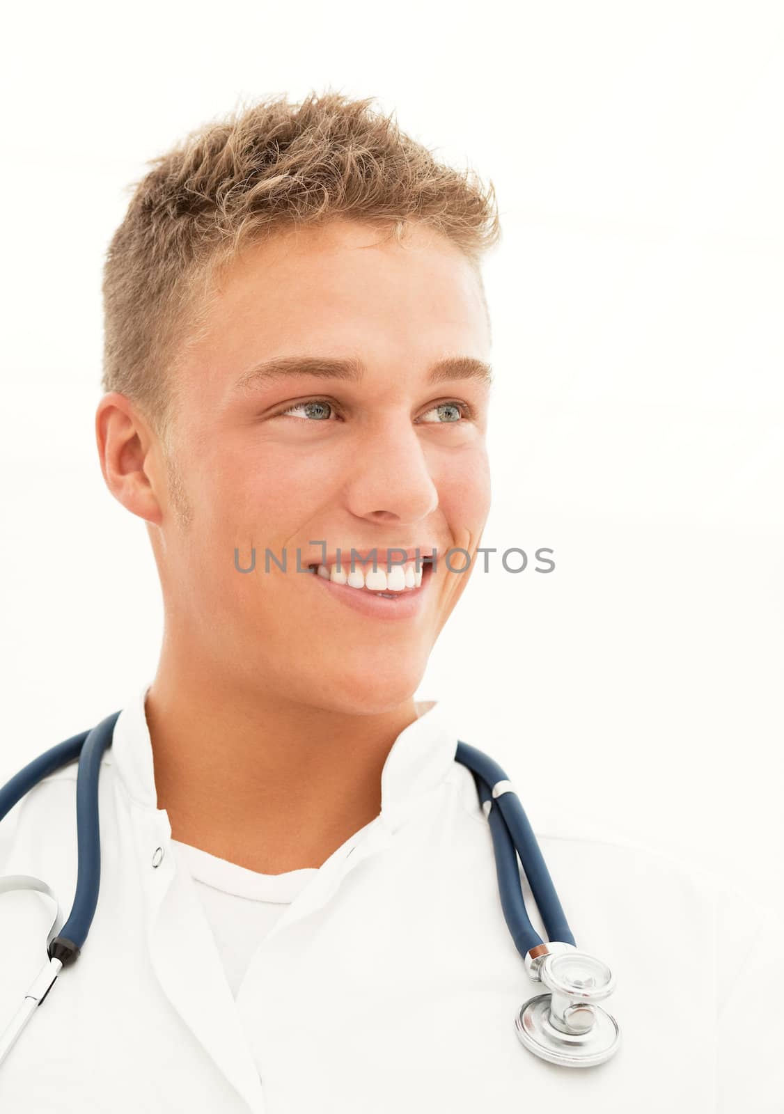 Young smiling blond handsome doctor with endoscope