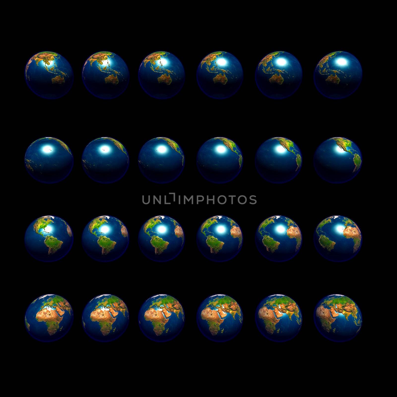 An image of multiple earths rotating in 15 degree increments and viewed from the equator.