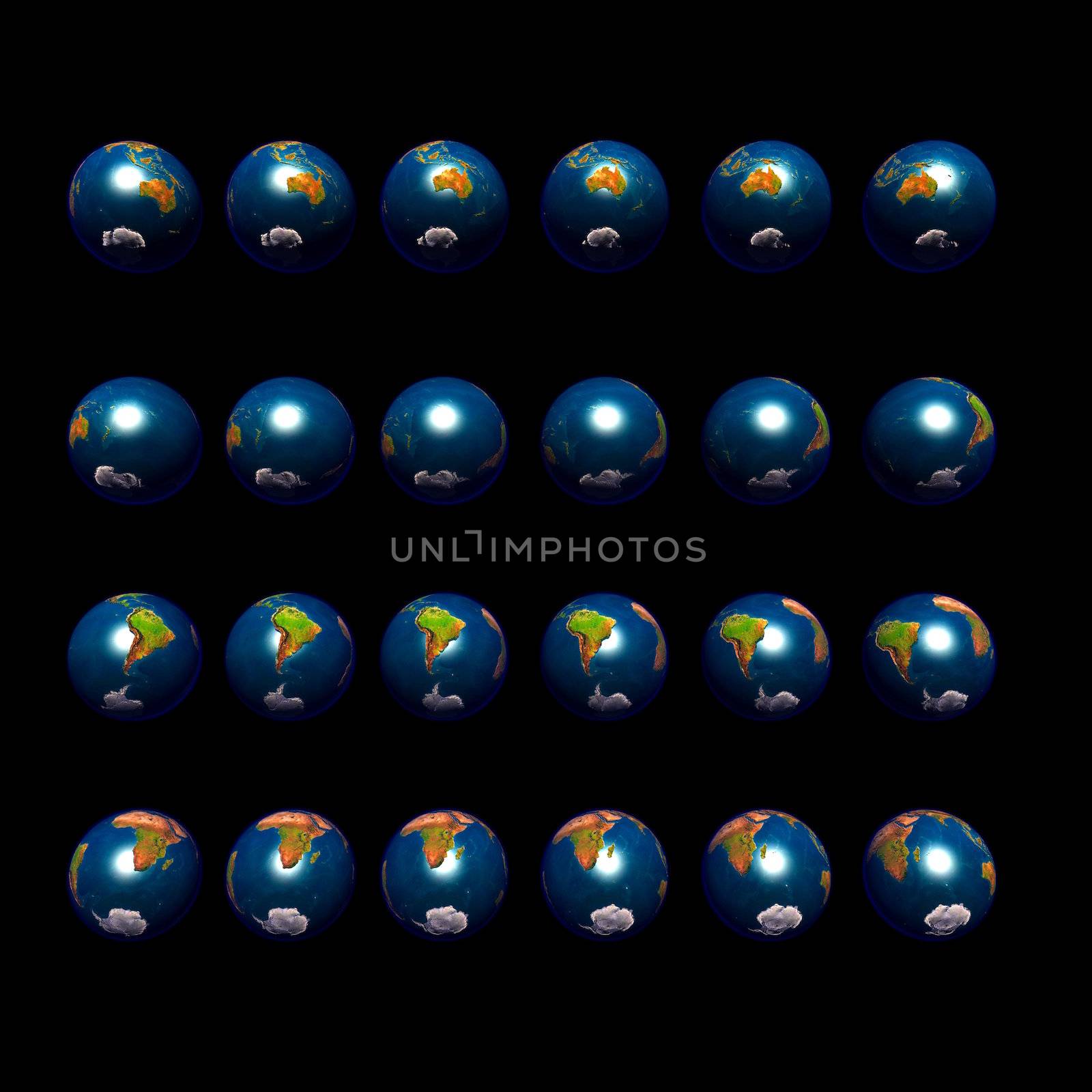 An image of multiple earths rotating in 15 degree increments and viewed from a northerly latitude.