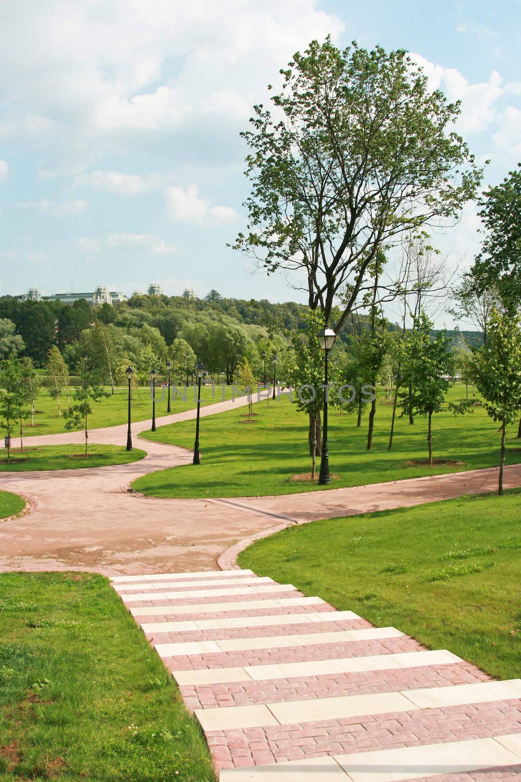 Beautiful well-groomed park with paths and a lawn