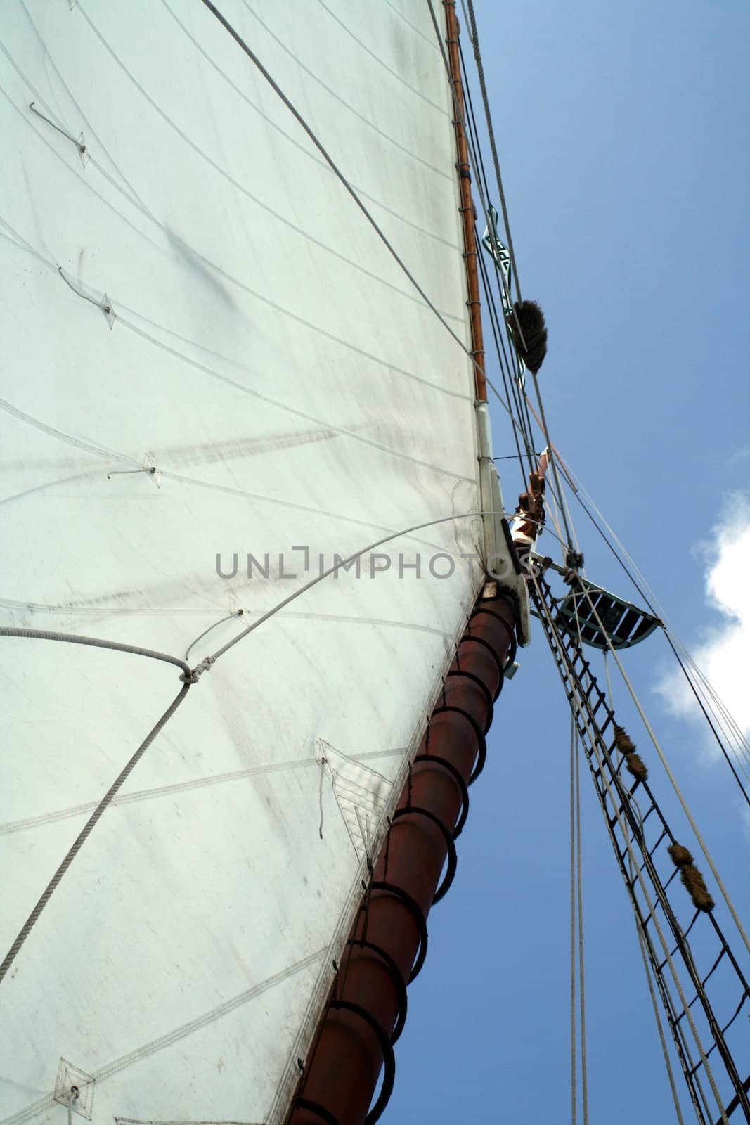 A view looking up the mast of a sailboat.