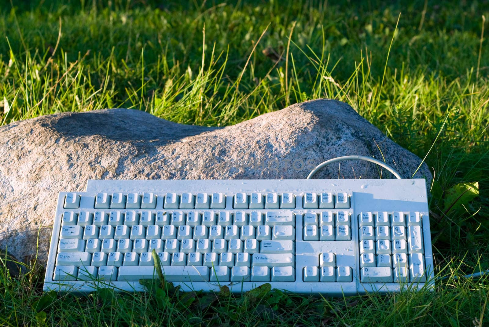 A wet keyboard leaning against a large rock