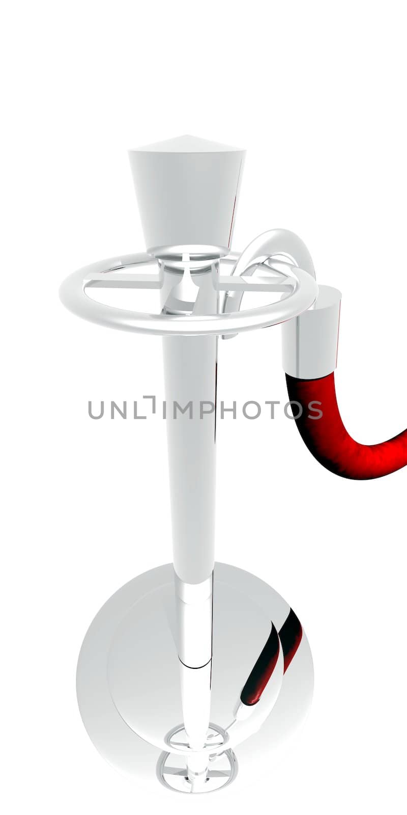 A silver stanchion with a red rope illustrated on a white background.