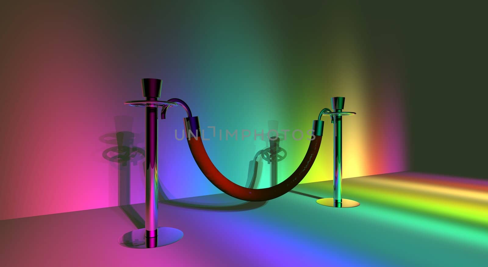 A pair of stanchion barriers lit up in rainbow lighting.