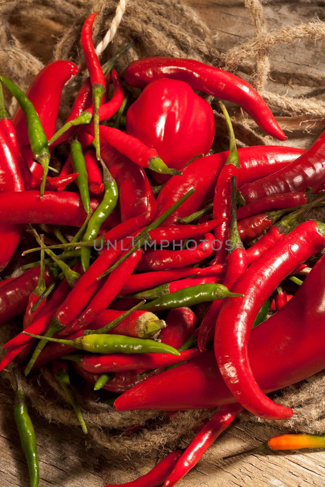 Several of red and green cayenne peppers