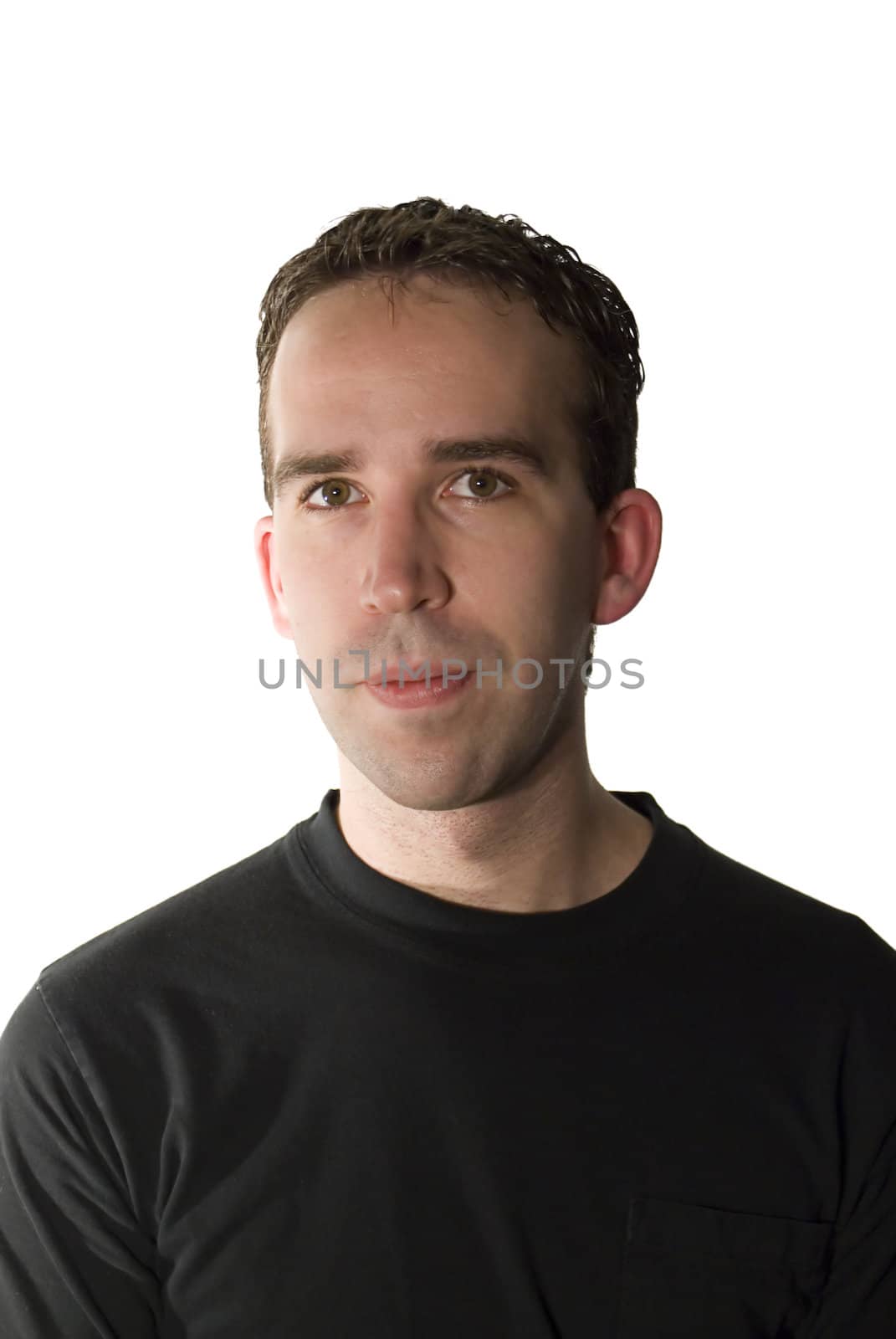 A portrait of a young man isolated against a white background