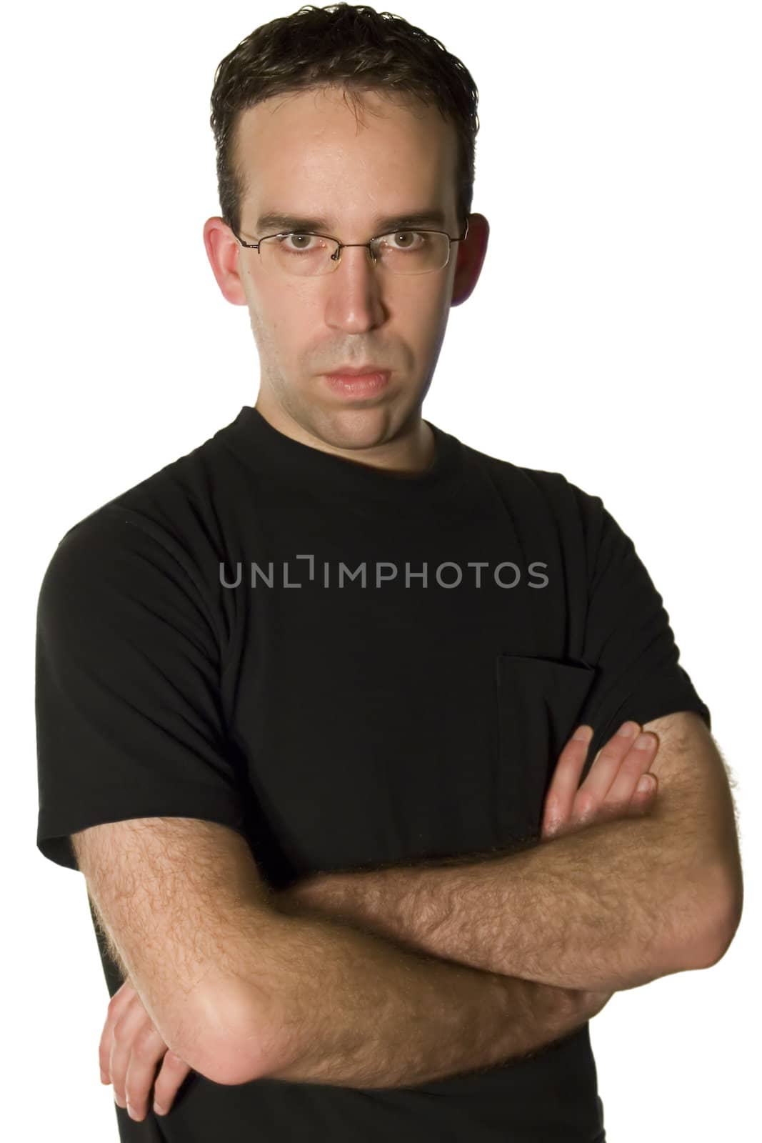 A young man with a stern look on his face, isolated against a white background