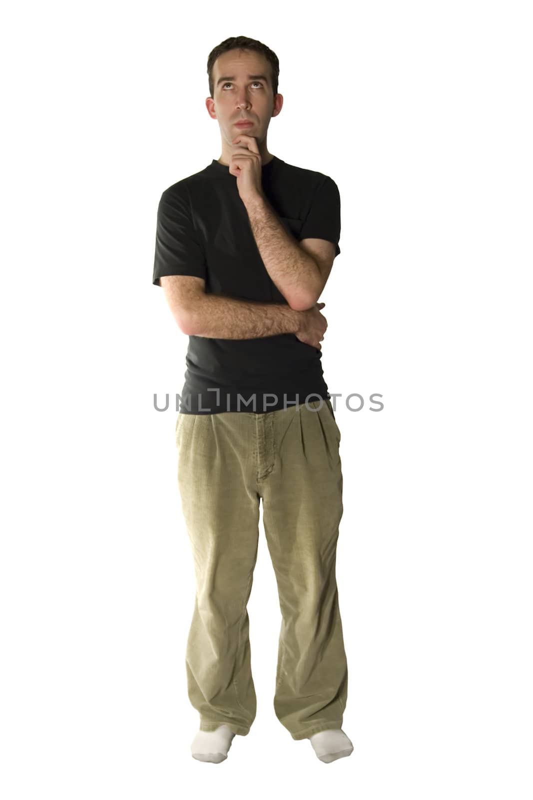Isolated young man with a full body shot looking up