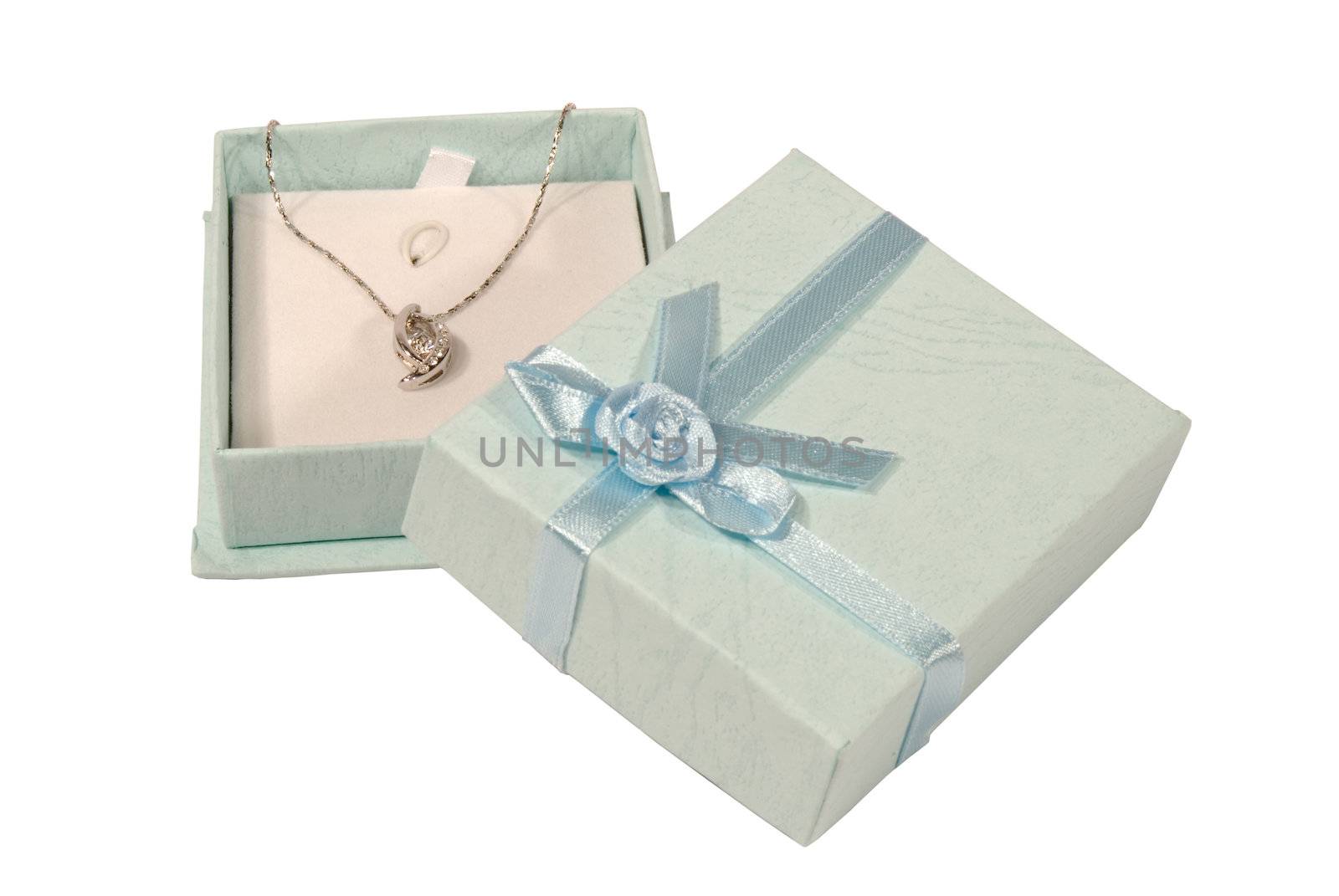 A diamond necklace in a gift box used for an anniversary gift