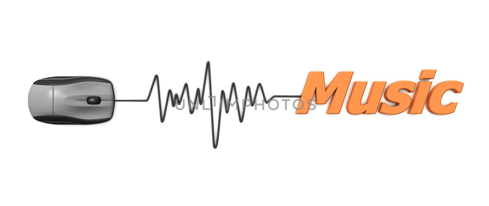 black computer mouse connected to the orange word music via sine waveform cable