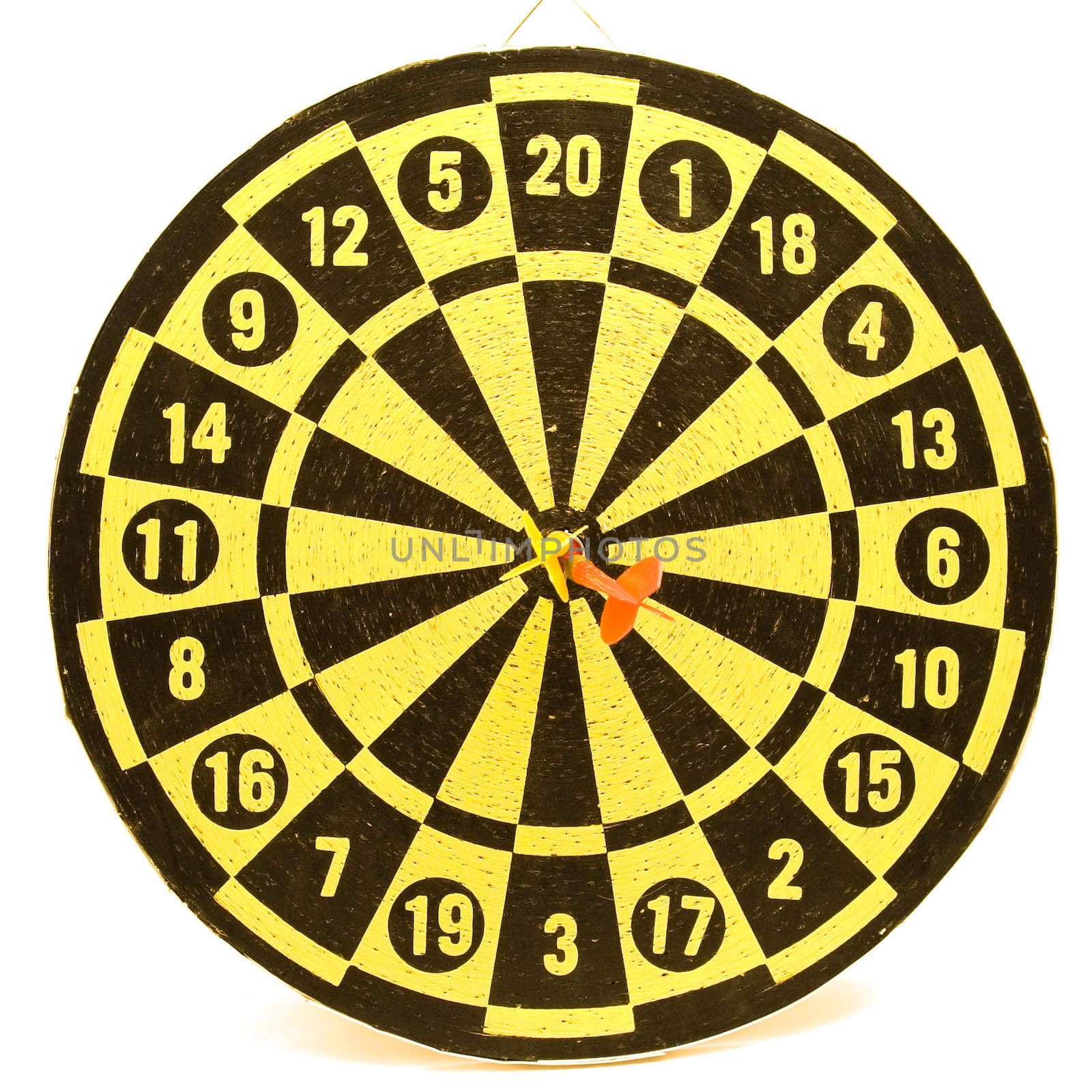 Bullseye Dart in a dartboard, isolated against a white background