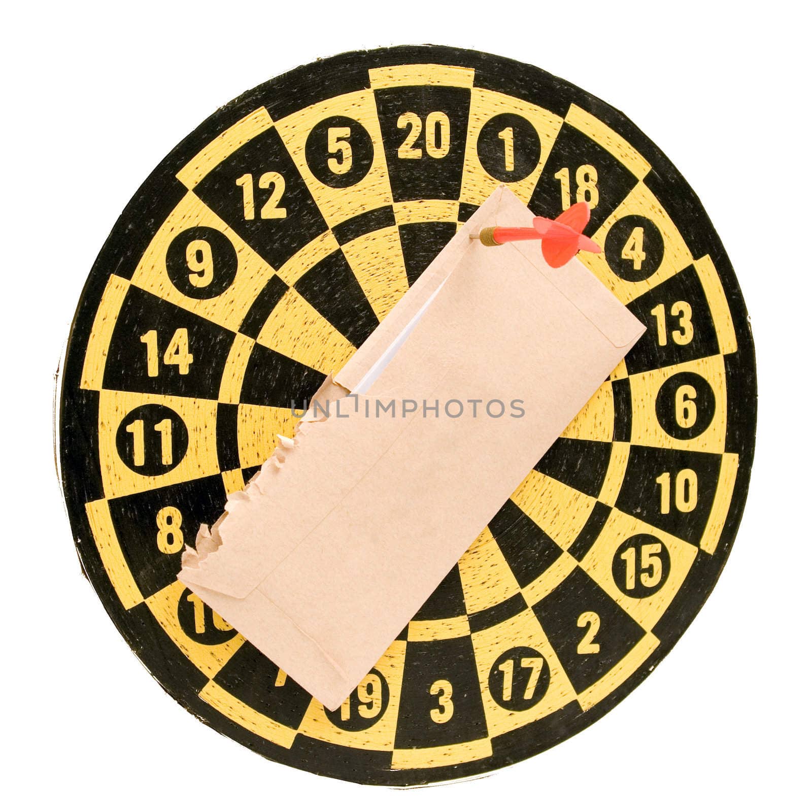 Unpaid bills stuck onto a dartboard with a dart, isolated against a white background