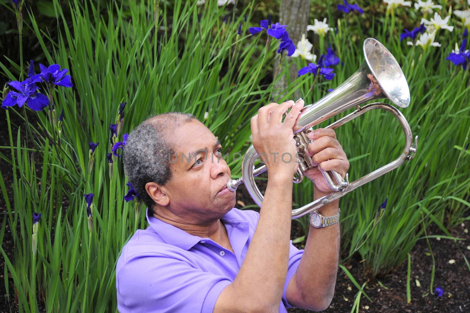 Jazz musician performing in a flower garden.