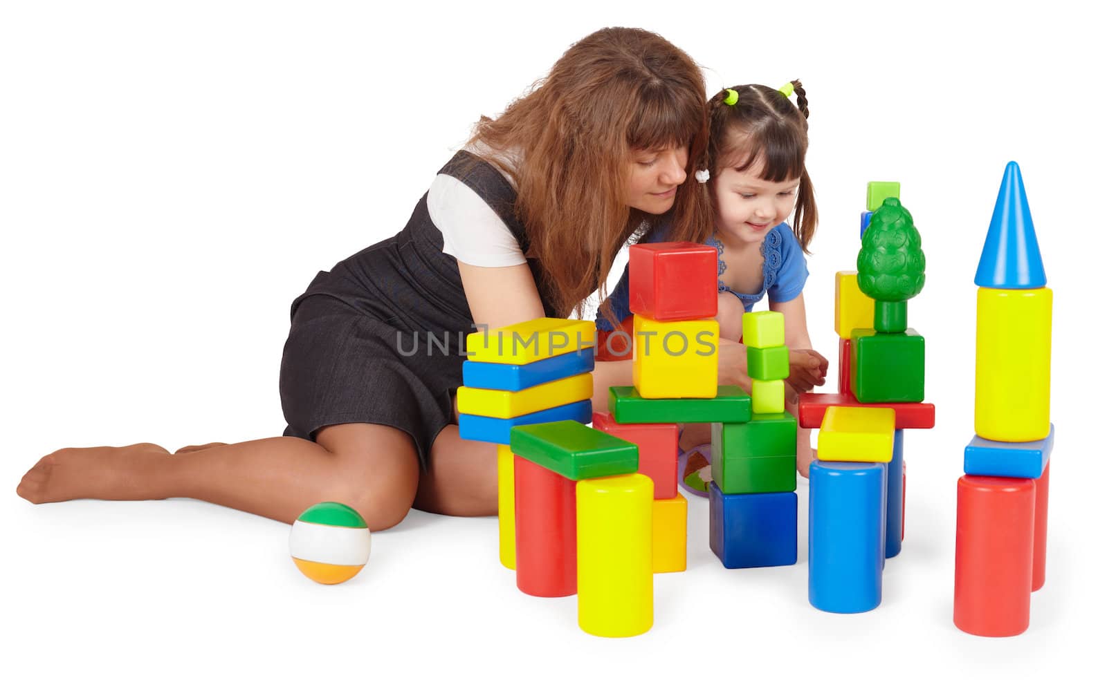 Young woman playing with a child on a white background