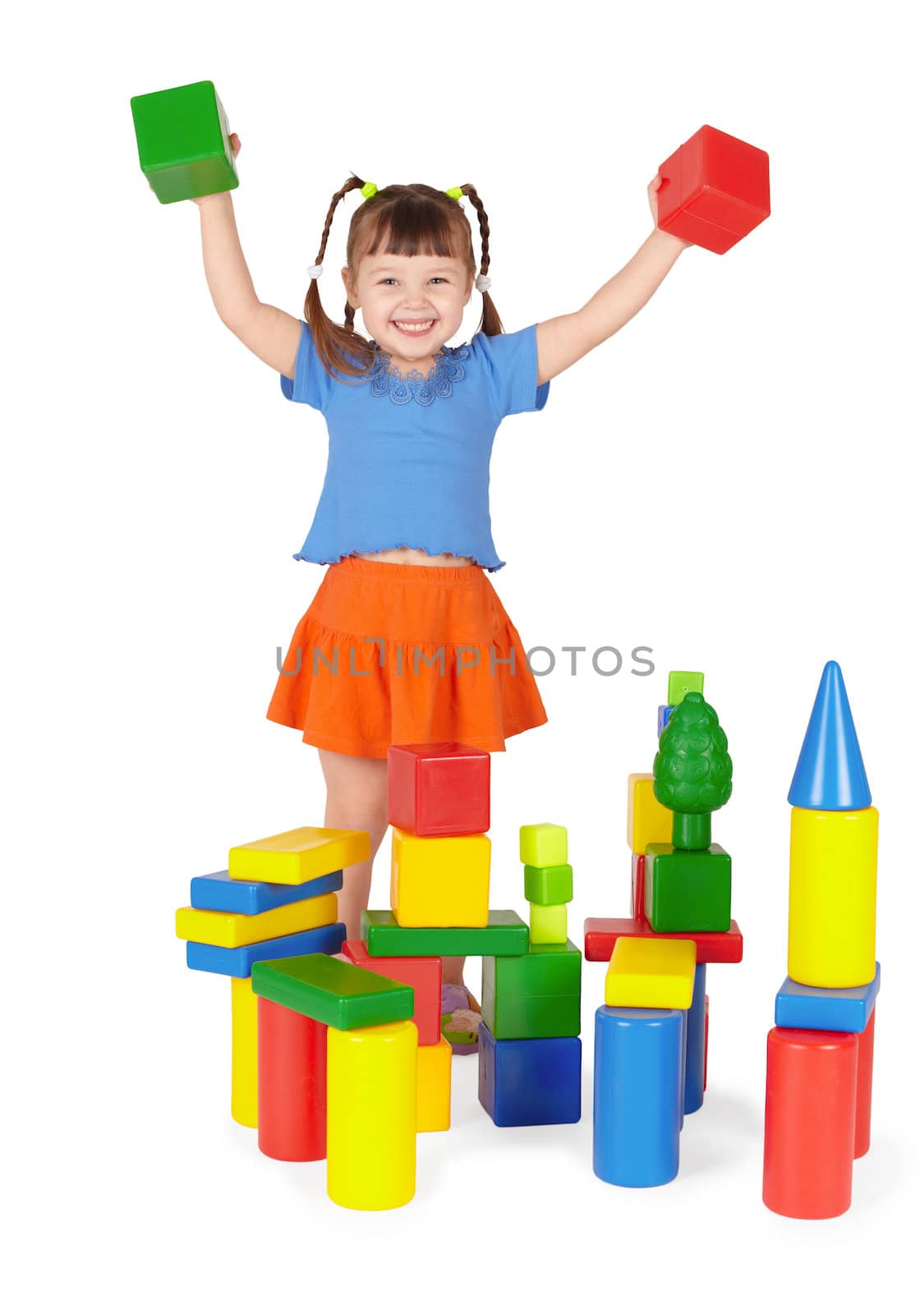 Joyful child plays in the builder isolated on a white background