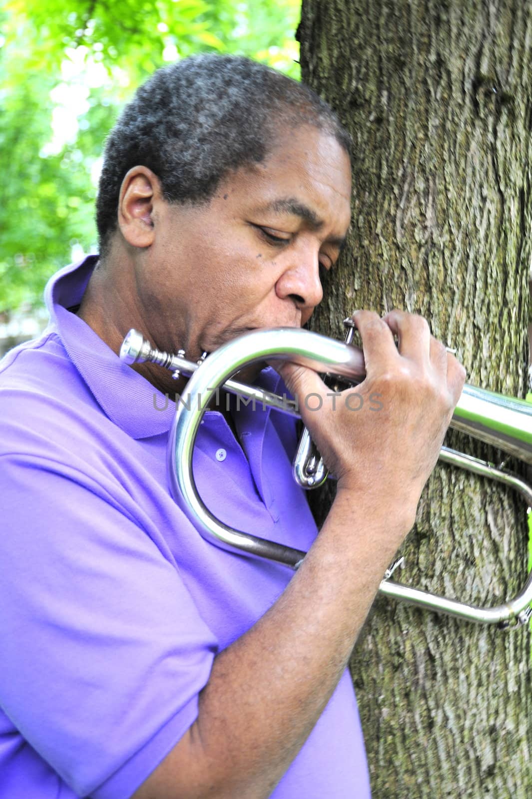 Jazz musician relaxing in the woods with his instrument.