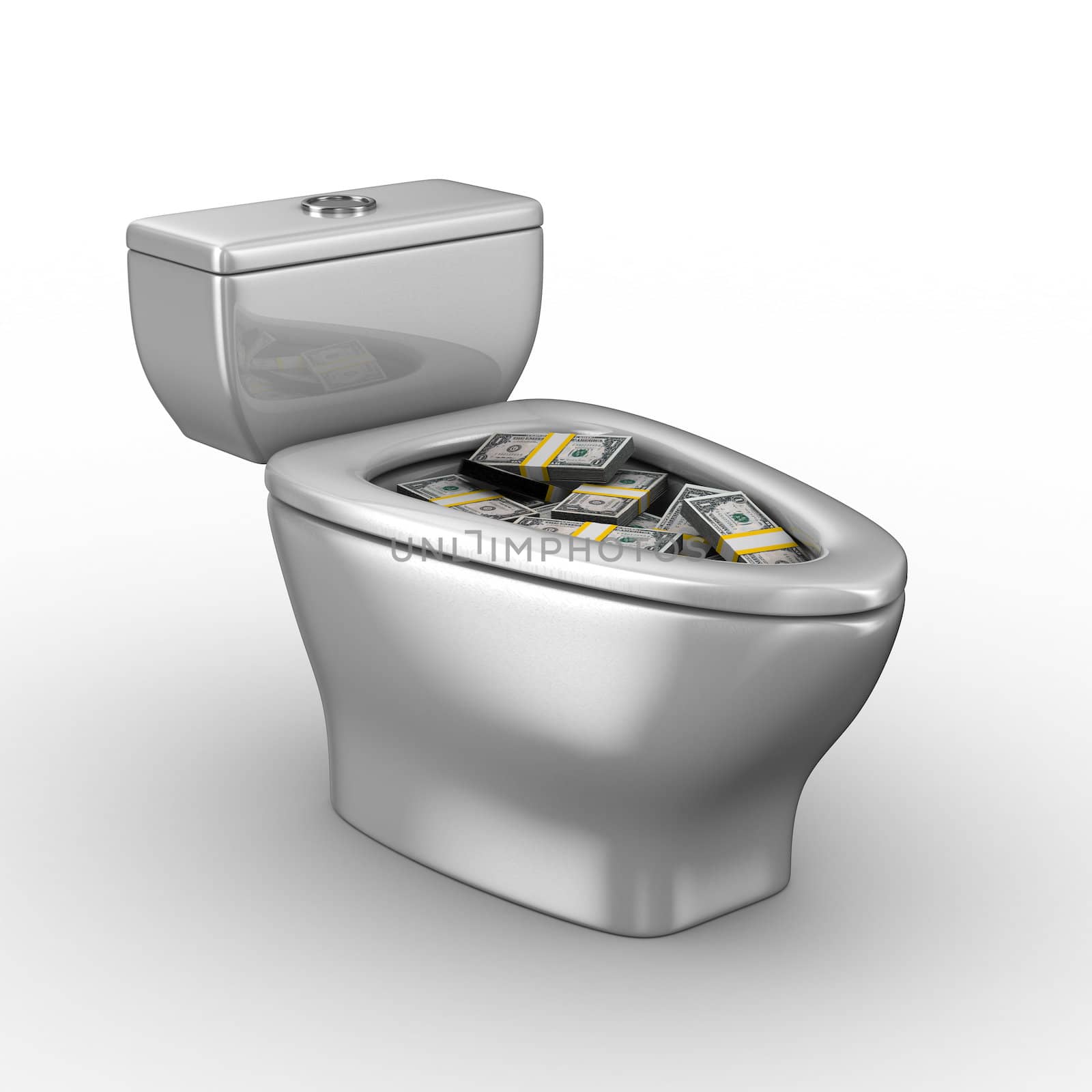 Toilet bowl full of money. Isolated 3D image