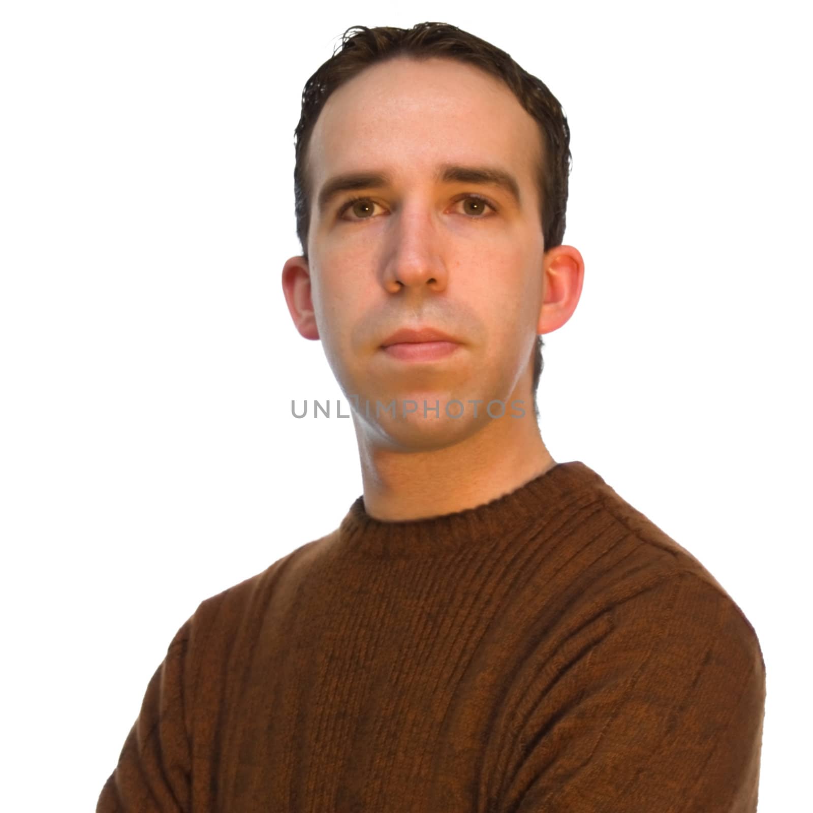 Portrait of a man wearing a brown sweater, isolated against a white background