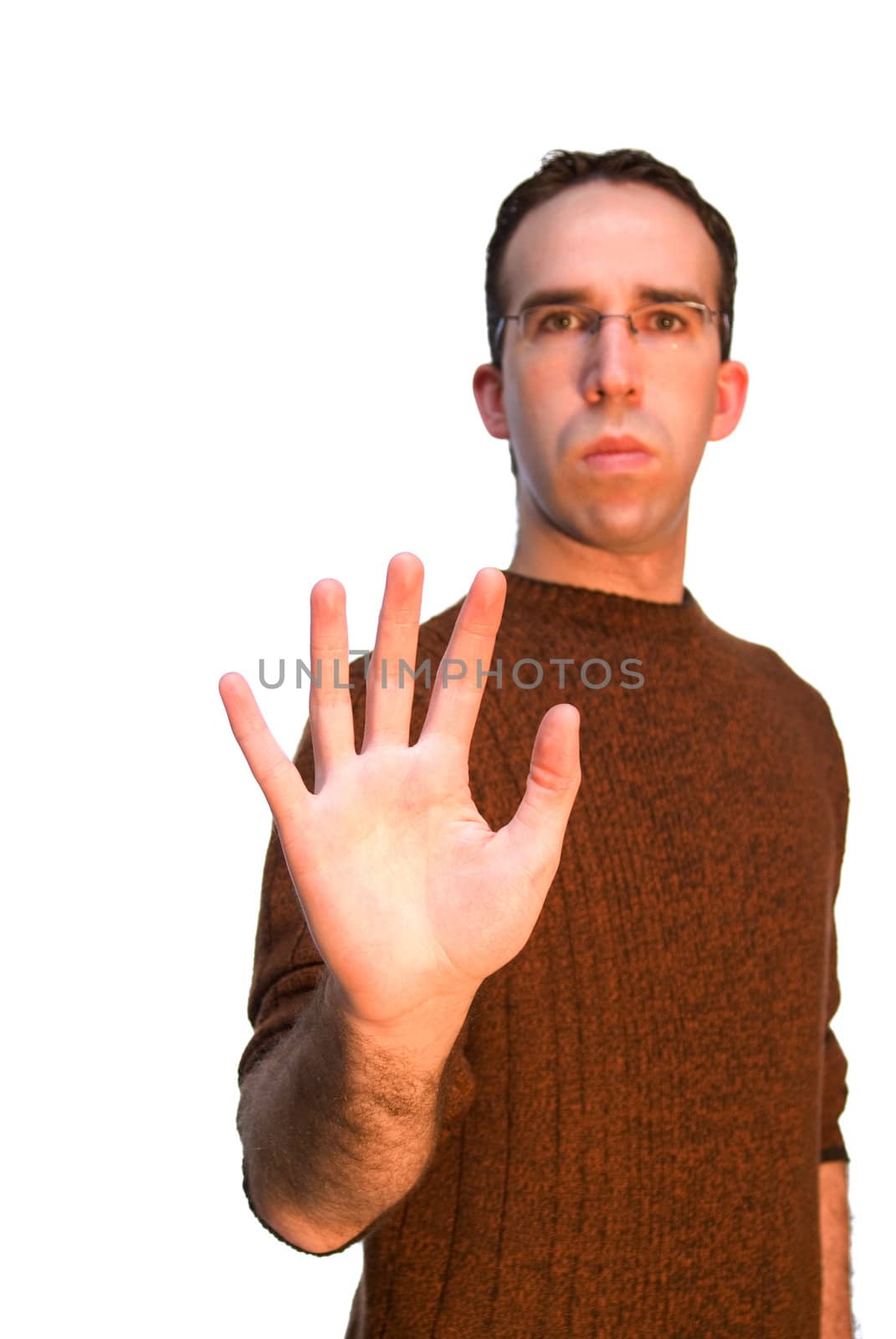 Man holding out his hand, symbolizing someone to stop